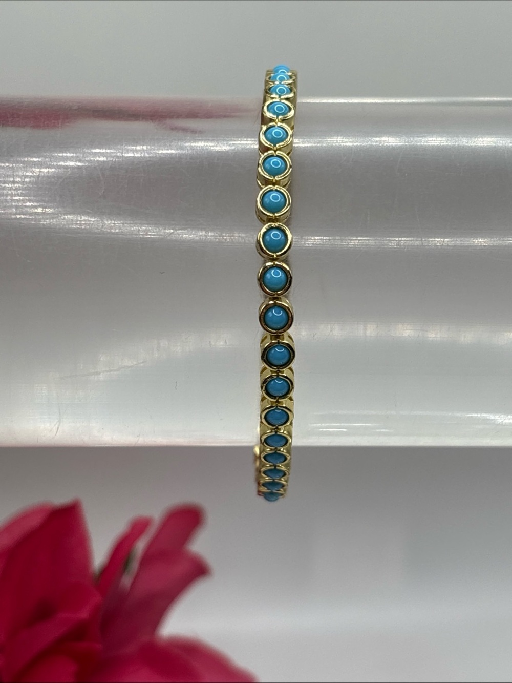 Gold-Tone Bezel-Set Turquoise-Colored Gemstones Tennis Bracelet